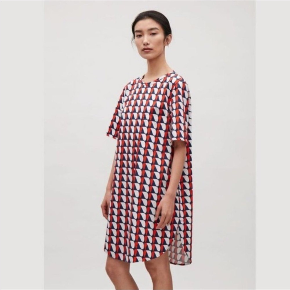 Cos Red, Blue, White Abstract Print Shift Shirt Dress 100% Cotton Size Medium